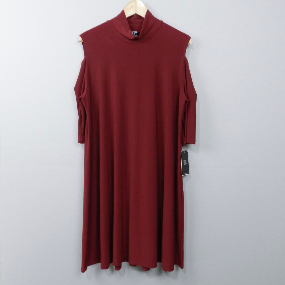 Clara Sun Woo Mock Neck Open Shoulder‎ Dress Sz L Burgundy Liquid Knit Stretch